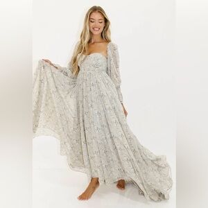 Worth Collective Delilah Maxi Dress with Train in Grey/Blue - Bump Friendly